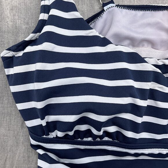 Lands End Swim Top Women 6 Blue White Ruched  Underwire Tankini Bra Wide Strap - Picture 2 of 7
